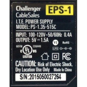 CARGADOR / ADAPTADOR DE FUENTE DE ALIMENTACION CHALLENGER  VCA-VCD / NUMERO DE PARTE PS-1.35-515C / ENTRADA VCA 100-120V~ 50/60HZ, 0.4A / SALIDA VCD 5V 1.5A / EPS-1 COMPATIBLE ( REVISAR EN DESCRIPCON ) / MODELO PS-1.35-515C